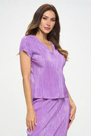 Vibrant Plisse V neck Flowy Top | Tops Daverri Fashions