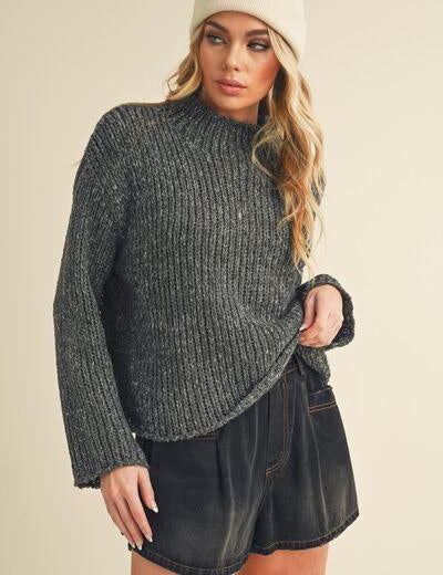 Dark Gray Aemi + Co Mock Neck Long Sleeve Sweater | Sweaters Daverri Fashions