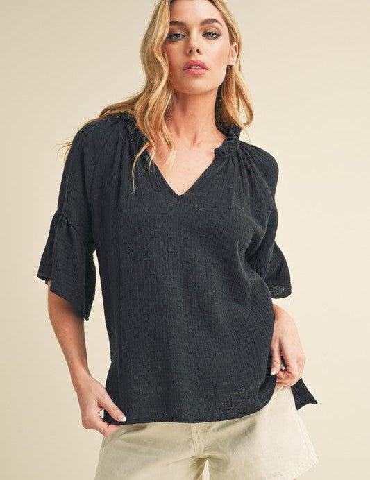 Black Aemi + Co Side Slit Notched Ruffled Half Sleeve Blouse | Blouses Daverri Fashions