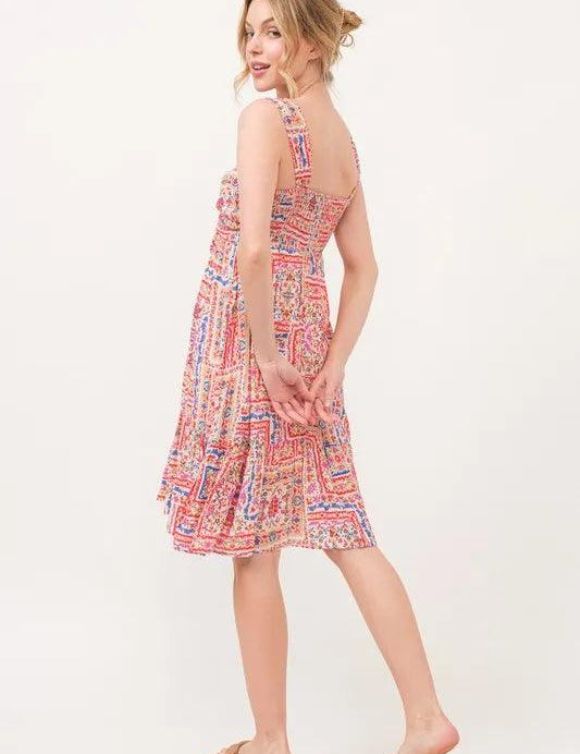 And The Why Tied Front Smocked Back Tiered Boho Printed Dress | Knee Length Dresses Daverri Fashions