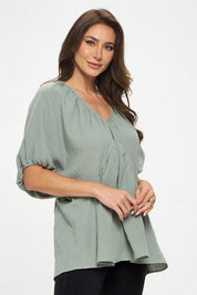 Cotton V neck Puff Sleeve Tunic Top | Tops Daverri Fashions