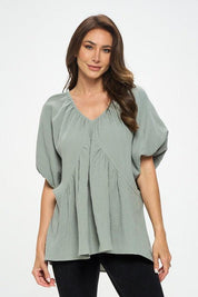 Cotton V neck Puff Sleeve Tunic Top | Tops Daverri Fashions