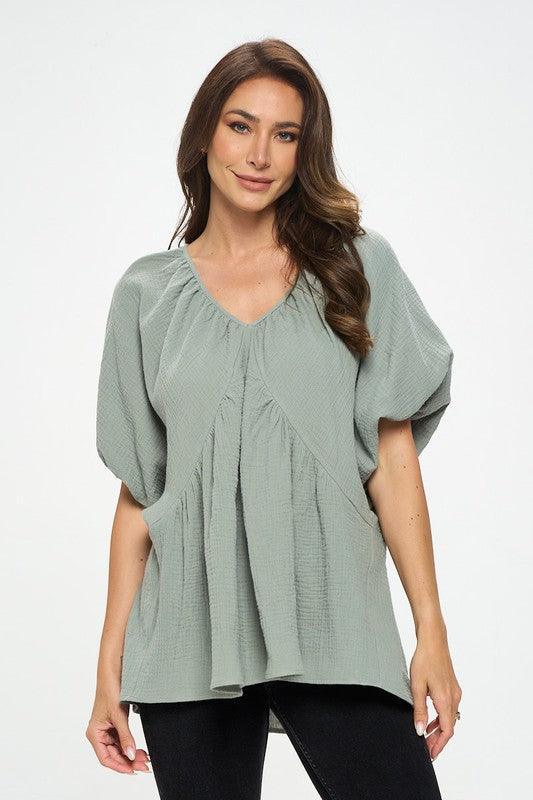 Cotton V neck Puff Sleeve Tunic Top | Tops Daverri Fashions