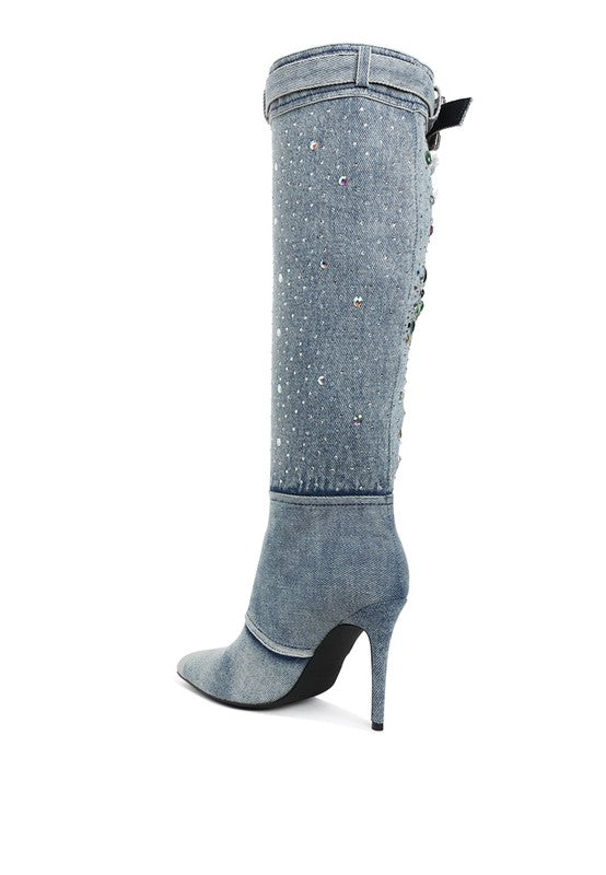 Cornik Multi Color Stones Denim Boots | Boots Daverri Fashions