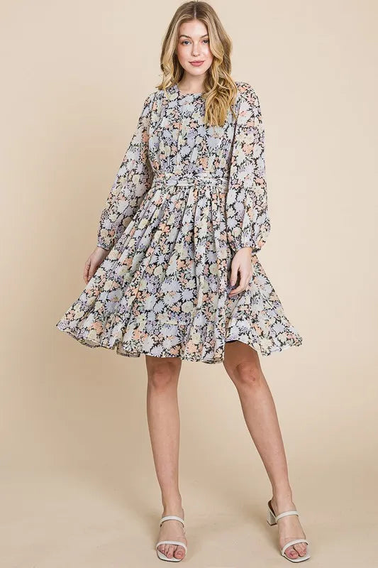 Lime 'N' Chili Chiffon Floral Print Belted Dress with Back Zipper | Daverri Fashions