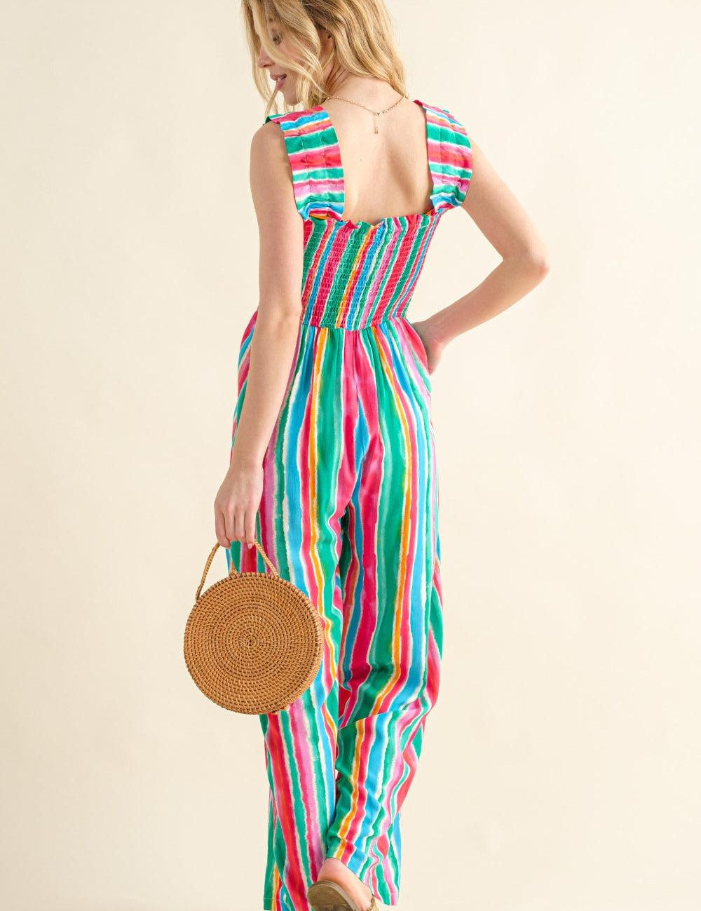 And The Why Full Size Striped Smocked Sleeveless Jumpsuit | Daverri Fashions