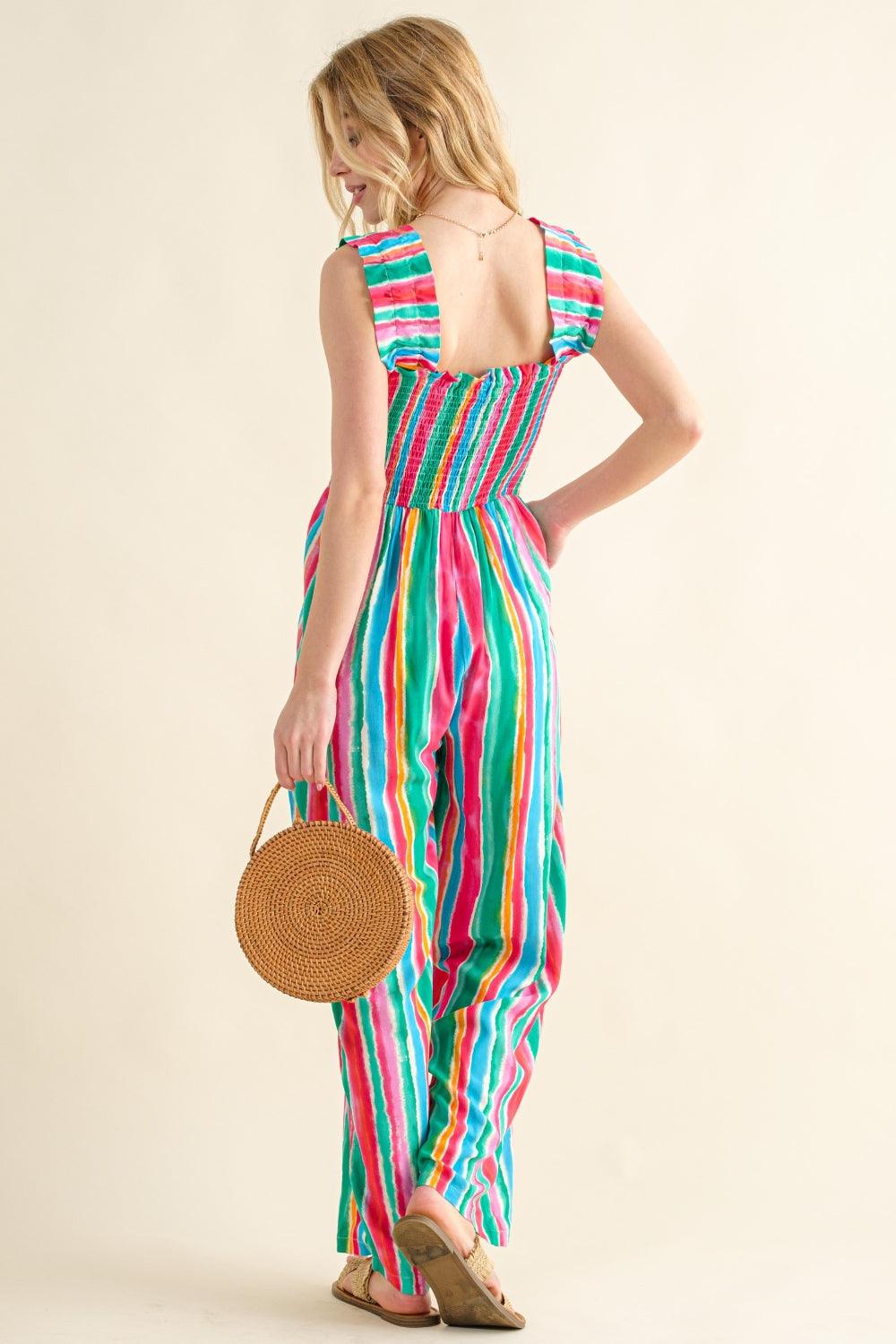 And The Why Full Size Striped Smocked Sleeveless Jumpsuit | Daverri Fashions