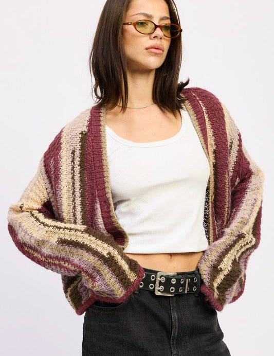 BURGUNDY COMBO Color Mix Cardigan Top | Cardigans Daverri Fashions