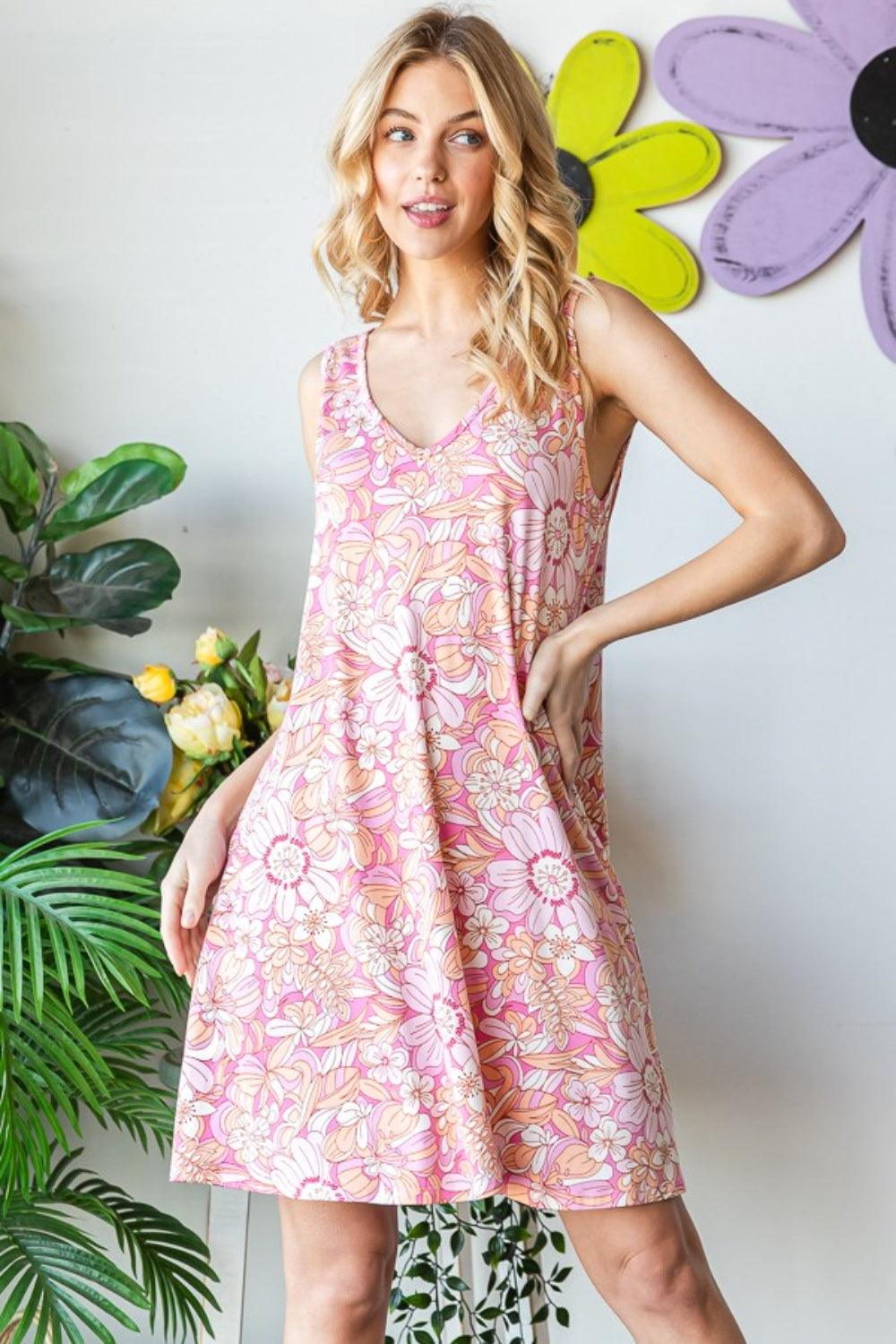 Heimish Full Size Floral V-Neck Tank Dress with Pockets | Daverri Fashions