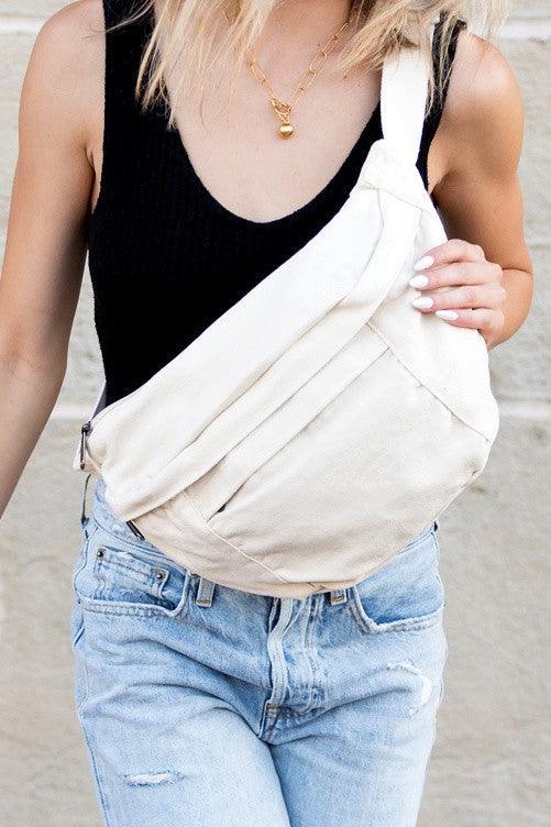 Cream OneSize London Oversized Canvas Crescent Sling Bag | Handbags Daverri Fashions