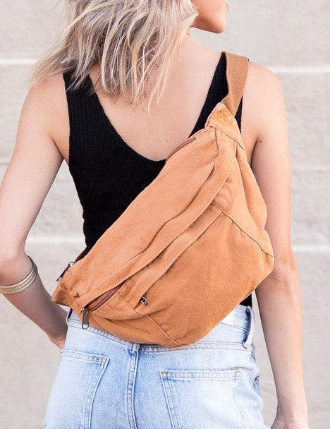 Camel OneSize London Oversized Canvas Crescent Sling Bag | Handbags Daverri Fashions