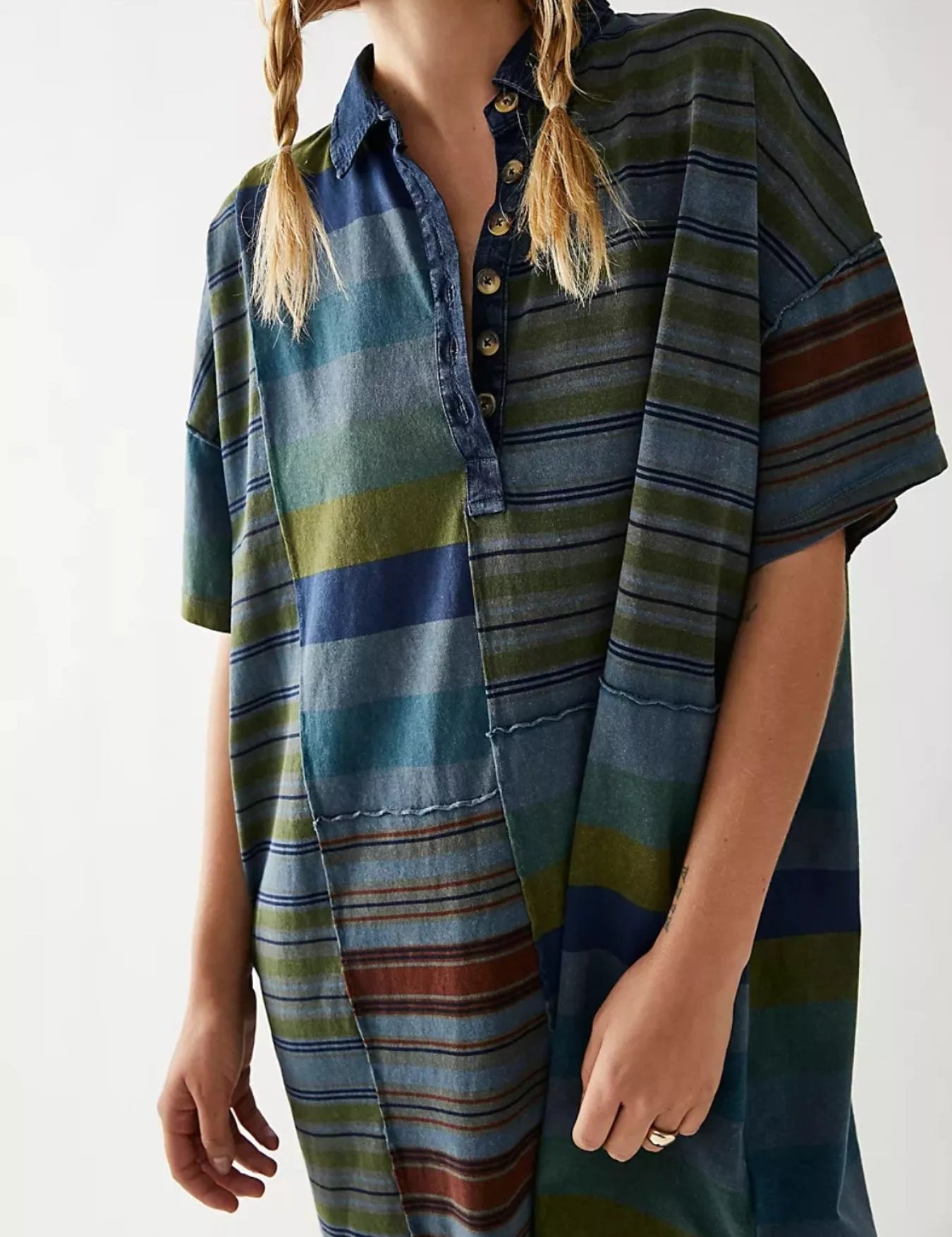 Dark Green Stripes Striped Oversized Half Button Shirt Dress | Mini Dresses Daverri Fashions