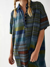 Dark Green Stripes Striped Oversized Half Button Shirt Dress | Mini Dresses Daverri Fashions