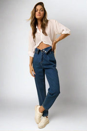 DARK High Rise Flap Waist Relaxed Cropped Jeans | Jeans Daverri Fashions