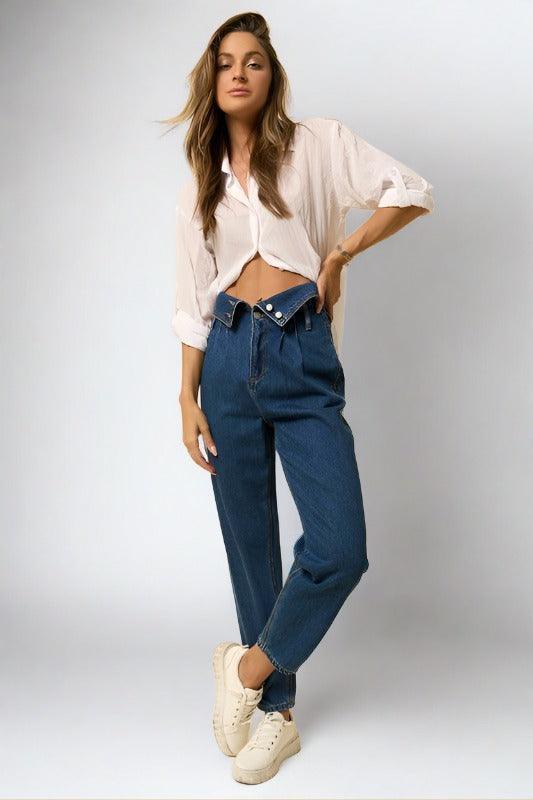 DARK High Rise Flap Waist Relaxed Cropped Jeans | Jeans Daverri Fashions