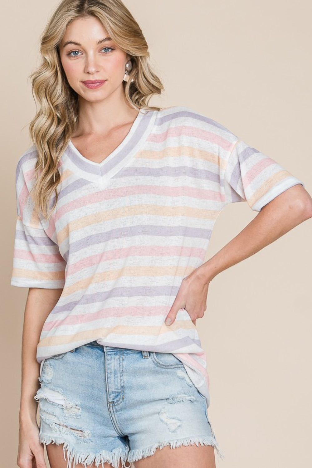 BOMBOM Striped V-Neck Short Sleeve T-Shirt | Daverri Fashions