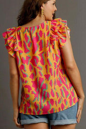 Umgee Full Size Abstract Print V-Neck Double Layer Ruffle Sleeve Blouse Plus Size | Blouses Daverri Fashions