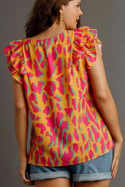 Umgee Full Size Abstract Print V-Neck Double Layer Ruffle Sleeve Blouse Plus Size | Blouses Daverri Fashions