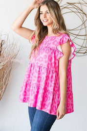 Heimish Full Size Tiered Leopard Round Neck Blouse with Ruffled Detail Plus Size | Blouses Daverri Fashions