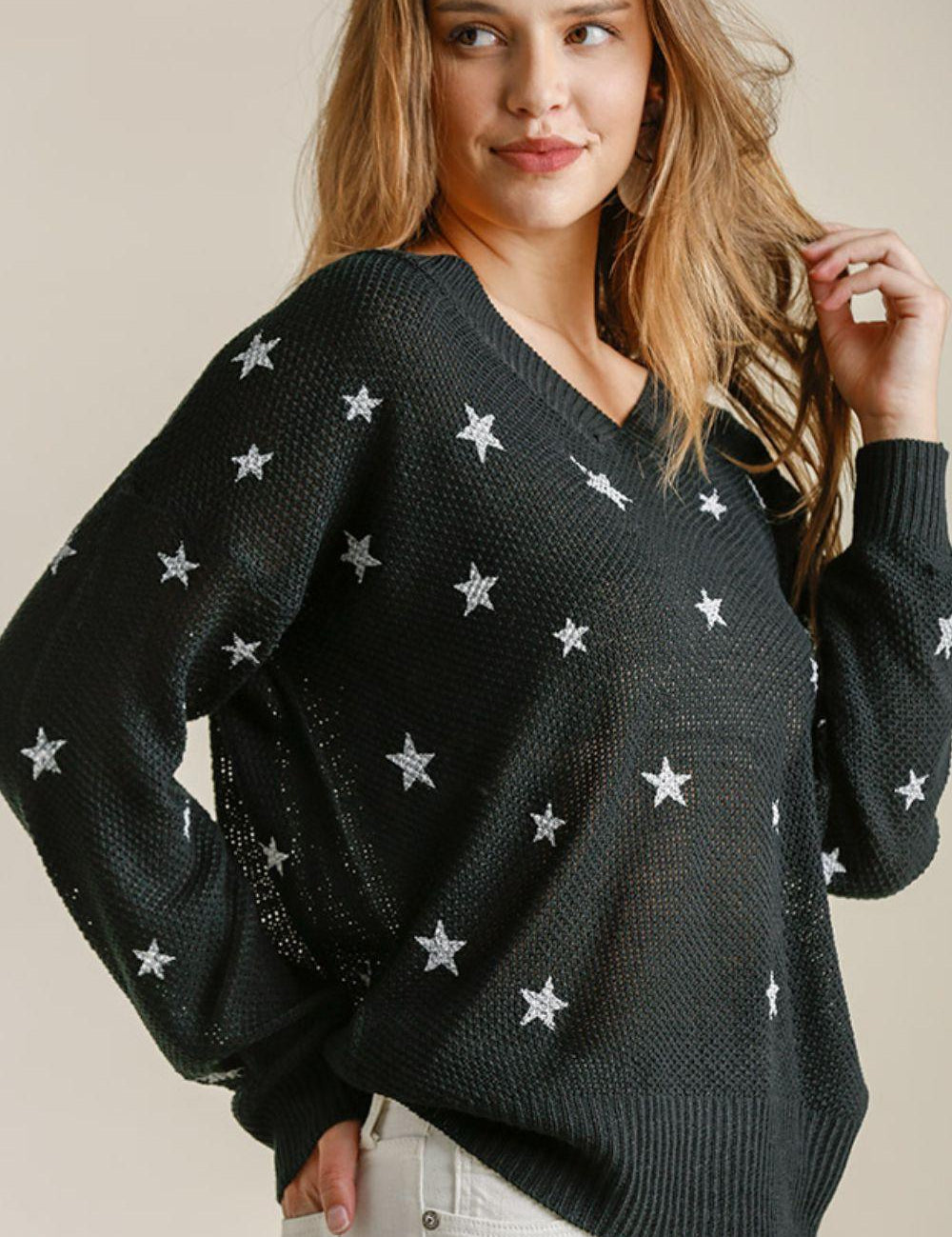 Black Umgee Full Size Star V-Neck Long Sleeve Sweater Plus Size | Sweaters Daverri Fashions