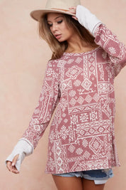 BURGUNDY COMBO BiBi Aztec Print French Terry Top with Thumb Opening | Tops Daverri Fashions