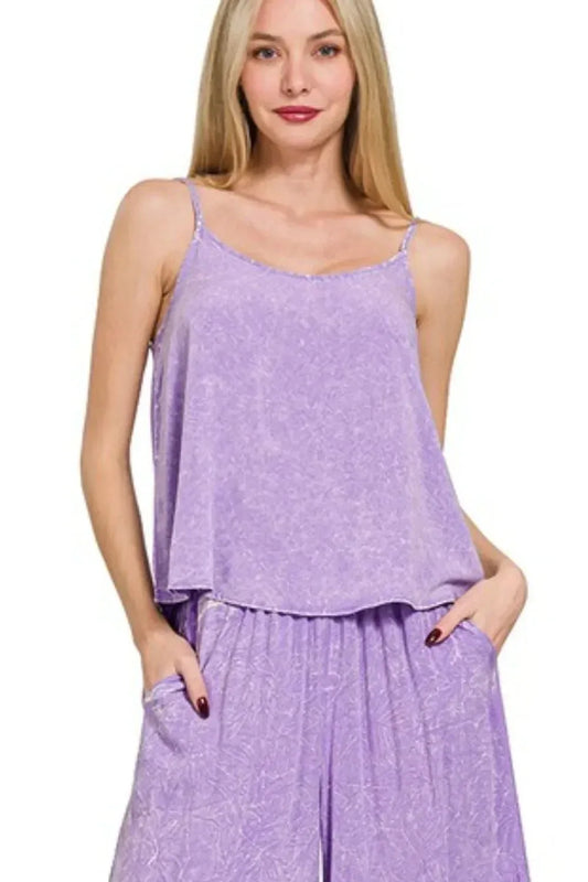 Zenana Lavender Woven Acid Crinkle Washed Cami & Pants 2 Piece Set - DAVERRI FASHIONS
