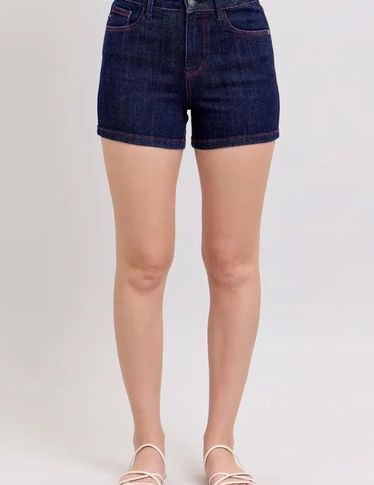 Judy Blue High Waist Heart Shaped Pkts & Red Contrast Thread Denim Shorts L | Bottoms Daverri Fashions