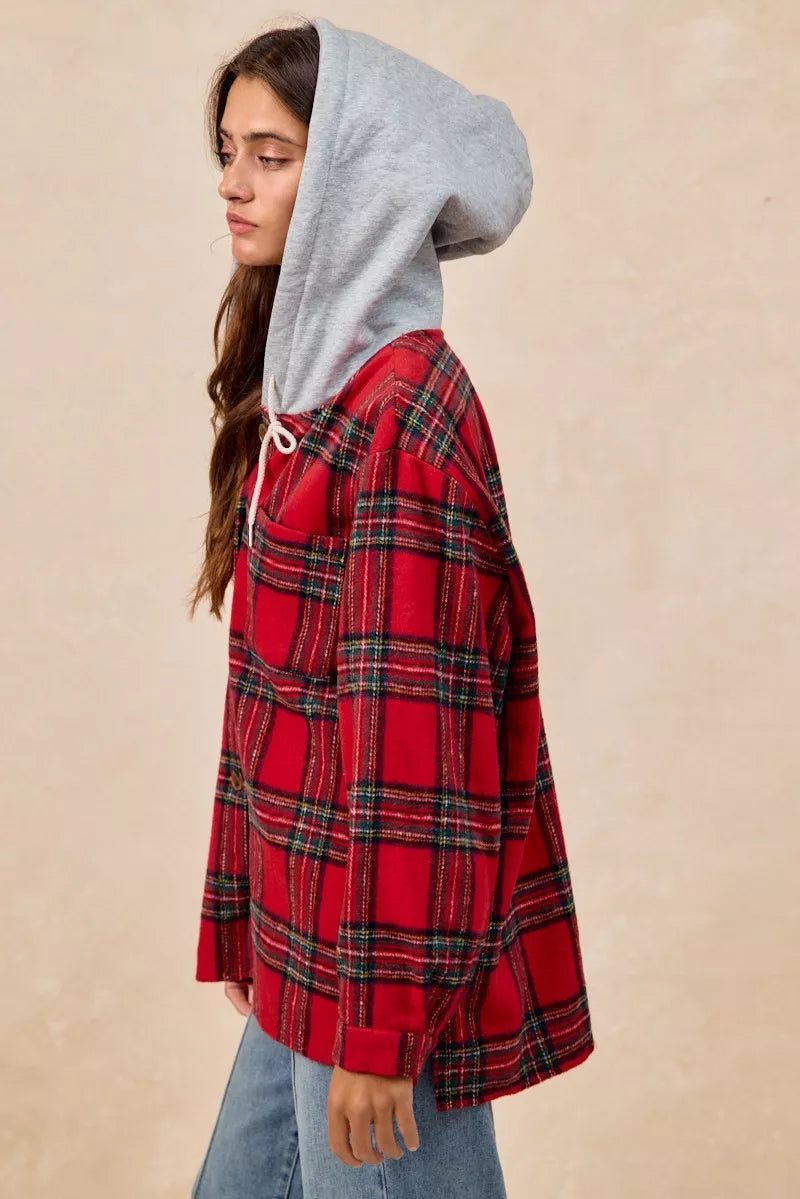 BiBi Brushed Plaid Hooded Jacket | Jackets Daverri Fashions