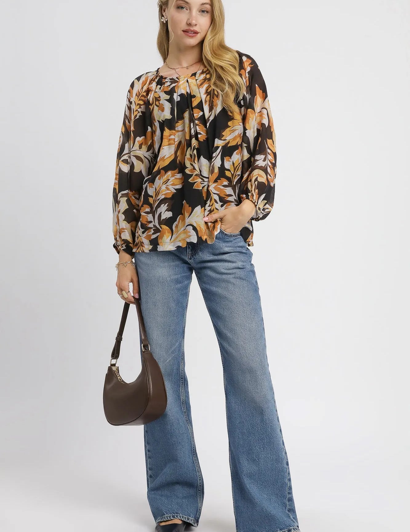 Umgee Autumn Leaf Print Balloon Sleeve Blouse | Blouses Daverri Fashions