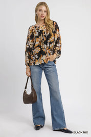 Umgee Autumn Leaf Print Balloon Sleeve Blouse | Blouses Daverri Fashions