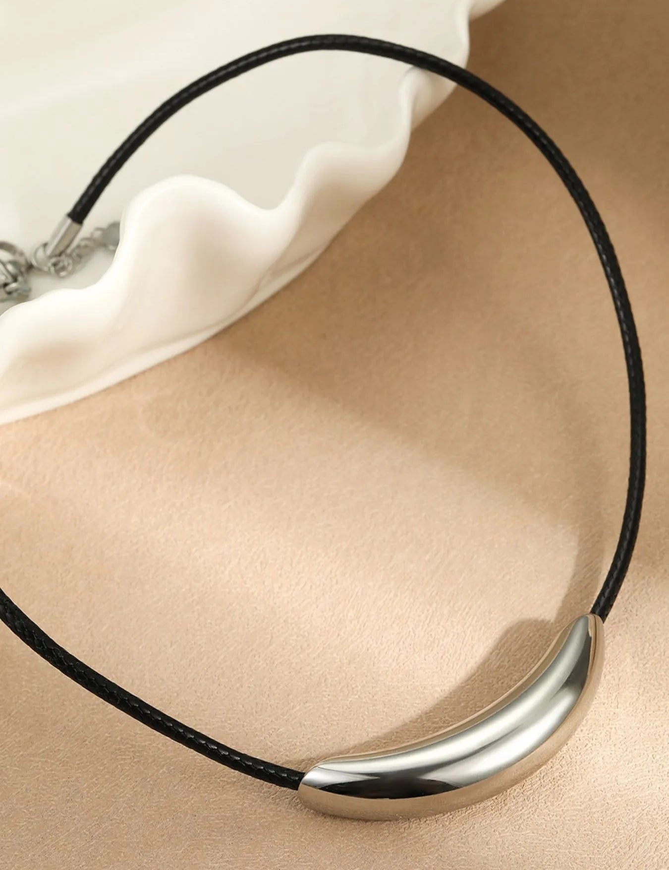 Silver One Size Stainless Steel Curved Bar Necklace with Leather Rope | Necklaces Daverri Fashions