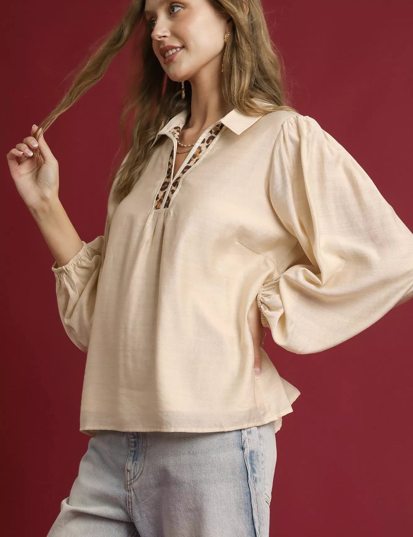 Umgee Long Sleeve Blouse with Leopard Print Trim | Blouses Daverri Fashions