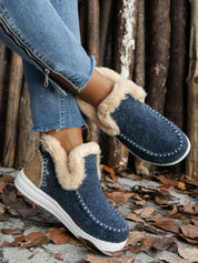 Navy Furry Suede Round Toe Flat Boots | Boots Daverri Fashions