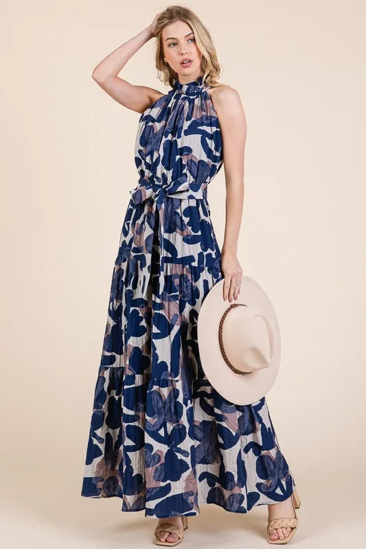 Lime 'N' Chili Abstract Halter Neck Tie-Waist Tiered Maxi Dress | Daverri Fashions