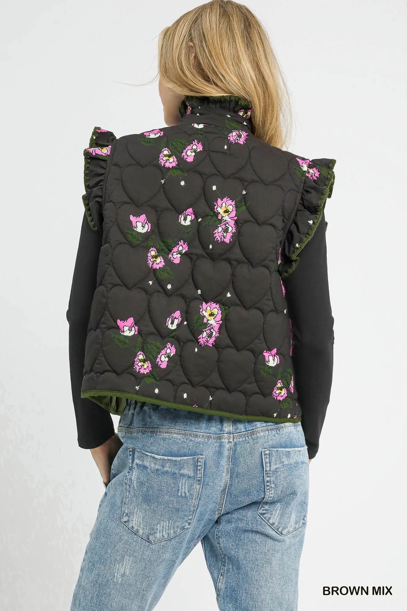 Umgee Ruffled Quilted Floral Snap Down Vest | Daverri Fashions
