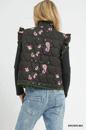 Umgee Ruffled Quilted Floral Snap Down Vest | Daverri Fashions