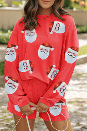 Red Sequin Santa Round Neck Long Sleeve Top and Shorts Set | Daverri Fashions