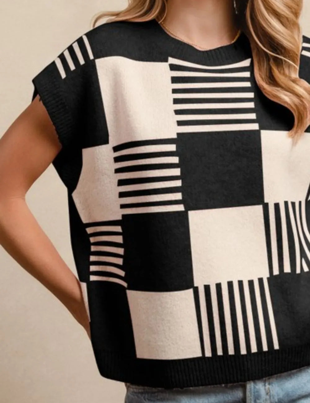 BiBi Checker With Stripes Pattern Sleeveless Sweater | Sweaters Daverri Fashions