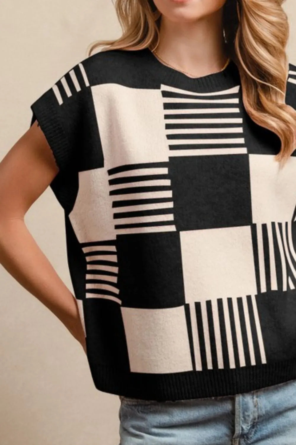 BiBi Checker With Stripes Pattern Sleeveless Sweater | Sweaters Daverri Fashions