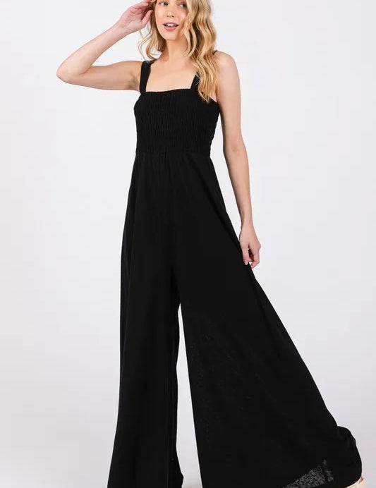 SAGE+FIG Smocked Flowy Wide Leg Jumpsuit | Daverri Fashions