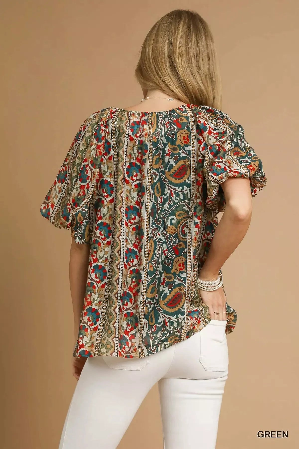 Umgee Boho Floral Stripe Puff Sleeve Blouse | Blouses Daverri Fashions