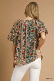 Umgee Boho Floral Stripe Puff Sleeve Blouse | Blouses Daverri Fashions