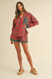 Annie Wear Contrast Plaid Long Sleeve Top and Shorts Set | Outfit Sets Daverri Fashions