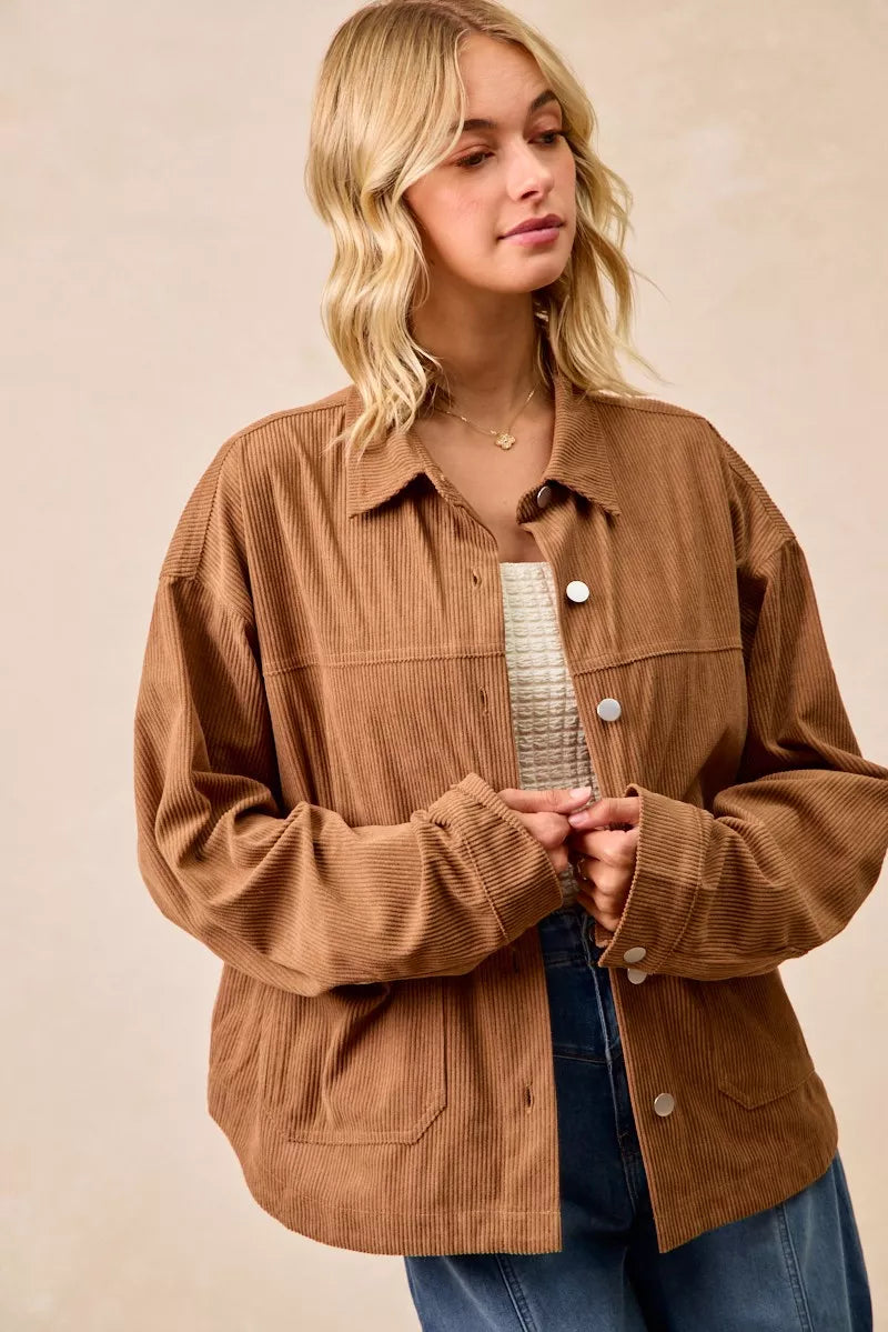 BiBi Corduroy Relaxed Fit Shacket with Back Pleat | Shackets Daverri Fashions