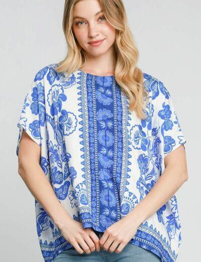 Blue Umgee Full Size Floral Border Print Oversized Top | Tops Daverri Fashions