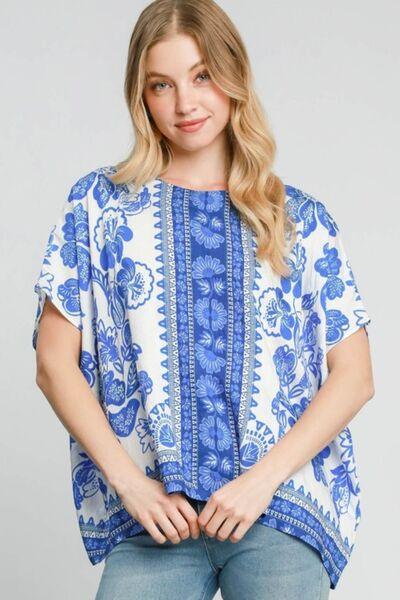 Blue Umgee Full Size Floral Border Print Oversized Top | Tops Daverri Fashions