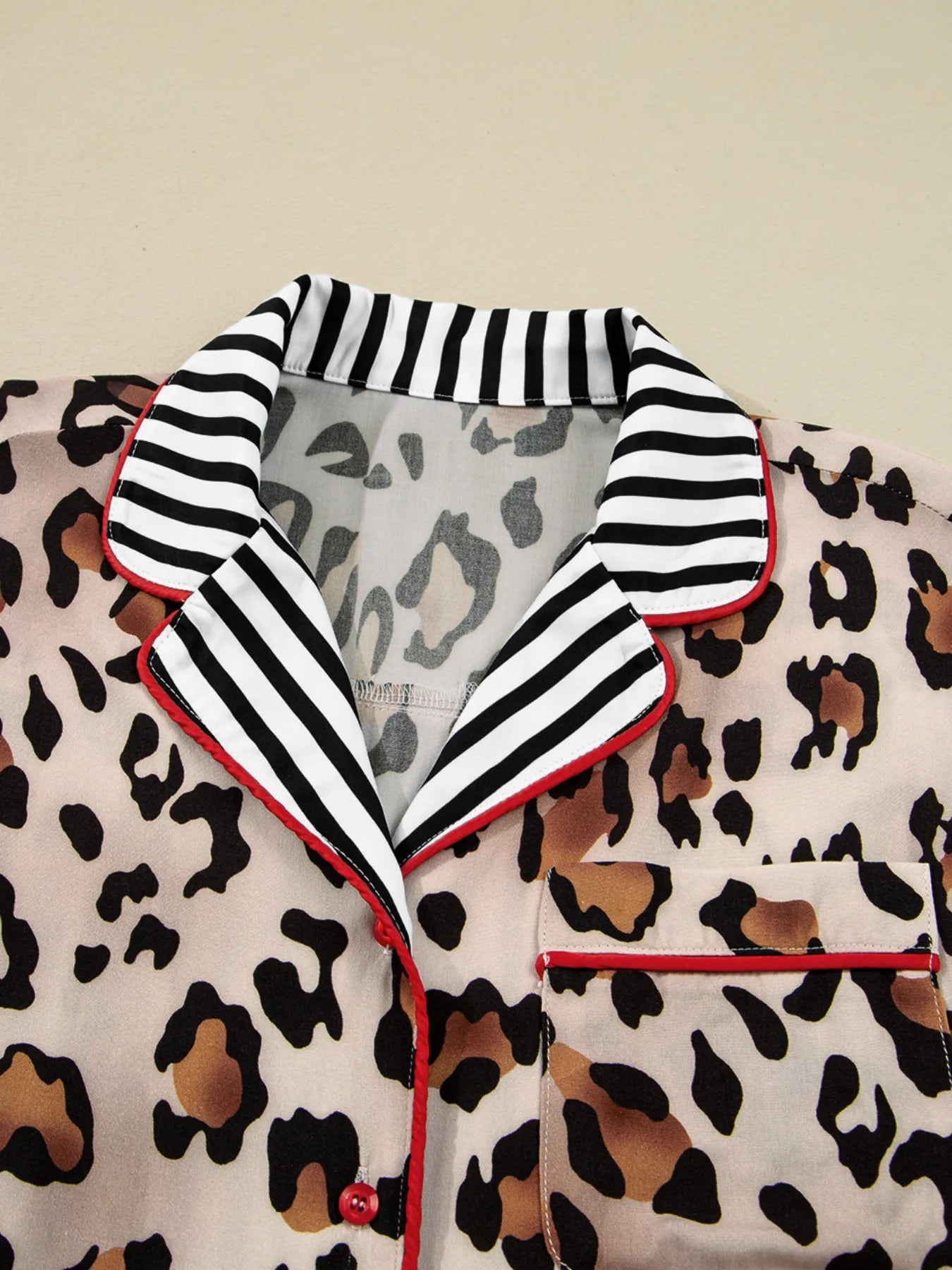 Leopard and Striped Trim Shirt and Pants Set | Loungewear Sets Daverri Fashions
