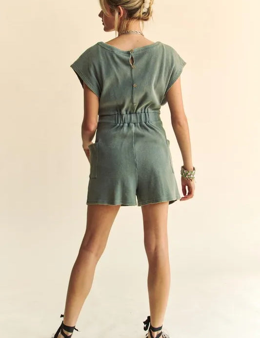 Davi & Dani Acid-Washed Waffle Knit Cuffed Sleeves Romper | Rompers Daverri Fashions