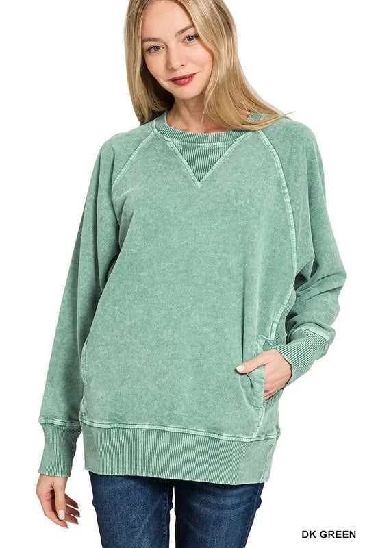 Zenana Halo Snow Washed French Terry Round Neck Sweatshirt DK Green - DAVERRI FASHIONS