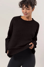 Black HYFVE Round Neck Dropped Shoulder Ribbed Sweater | Sweaters Daverri Fashions